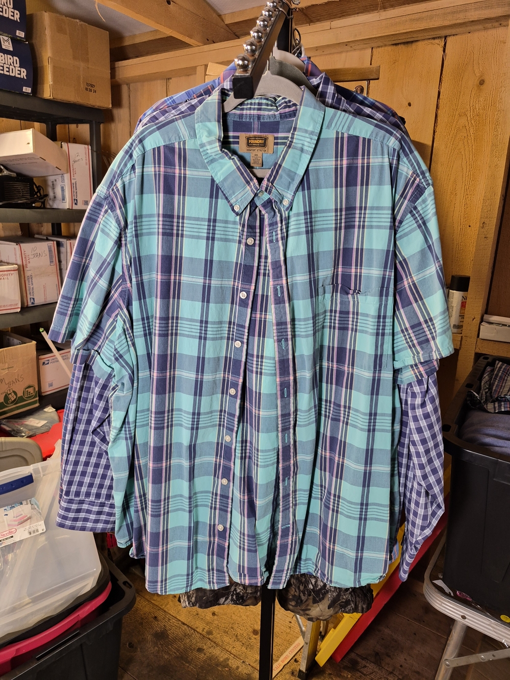 The Foundry Supply Co. Teal and Navy Plaid Short-Sleeve Button-Down Shirt Bin 55
